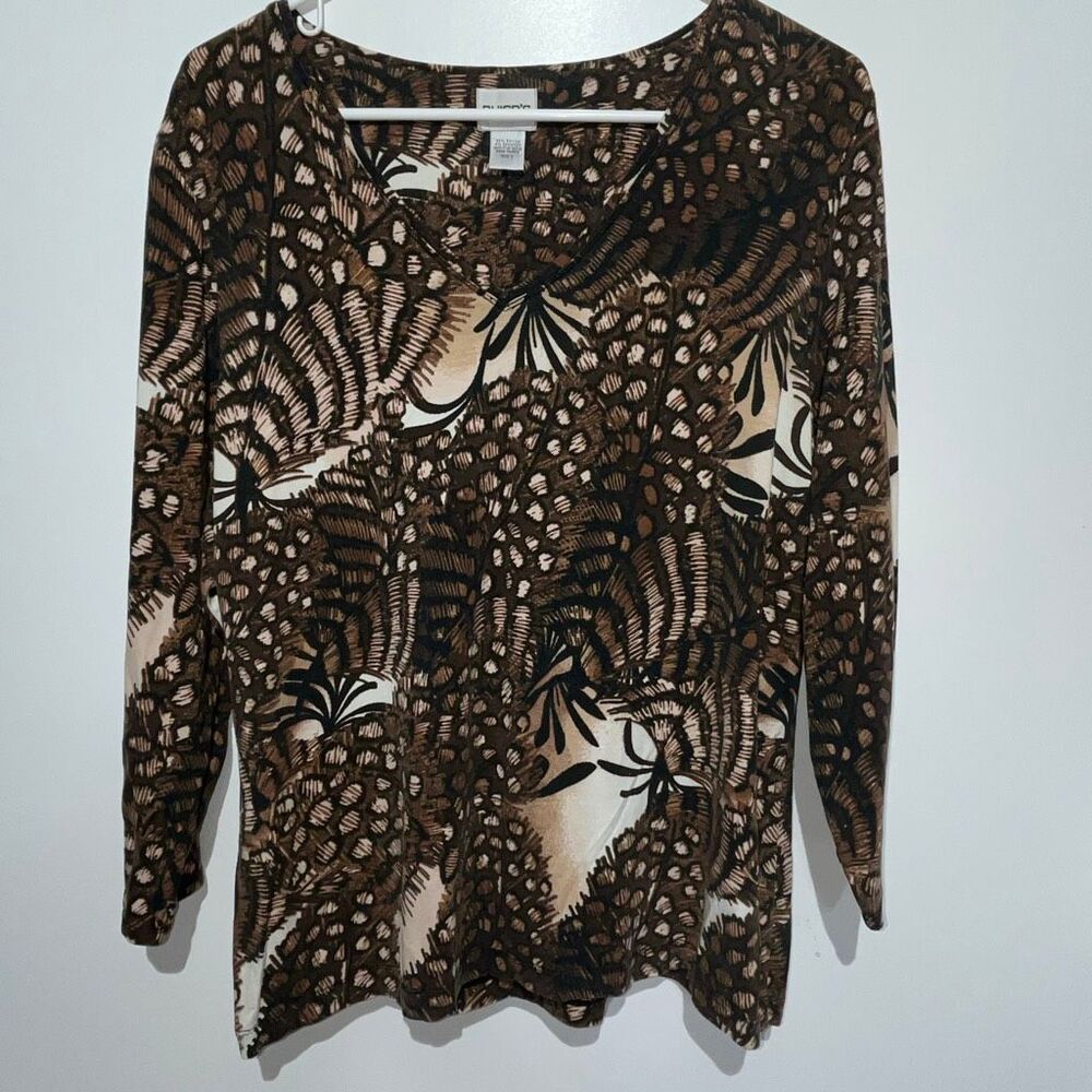 Chico's Womens Brown Abstract Safari Print 3/4 Sleeve Rayon Blend Top Sz 2/Large